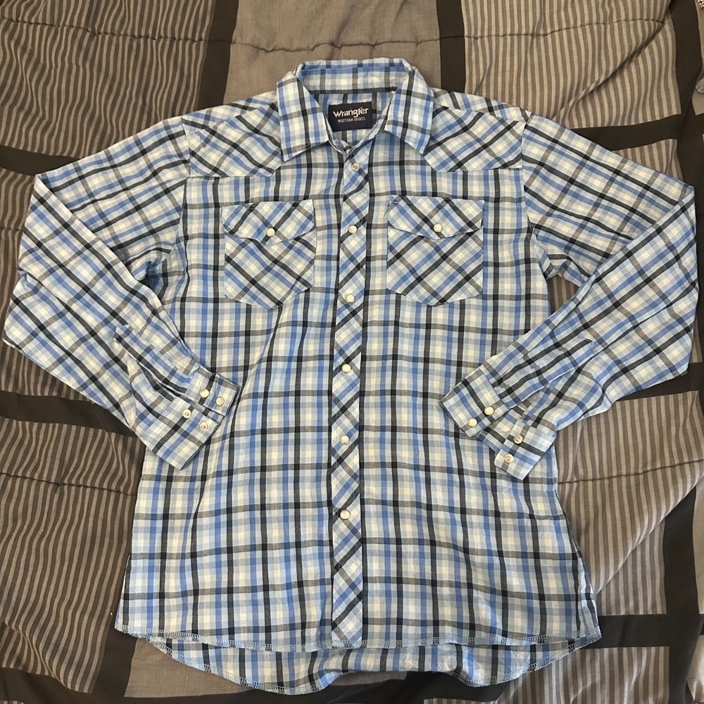 Mens Wrangler Western Light Blue Plaid Pearl Snap Long Sleeve Shirt Mens XL